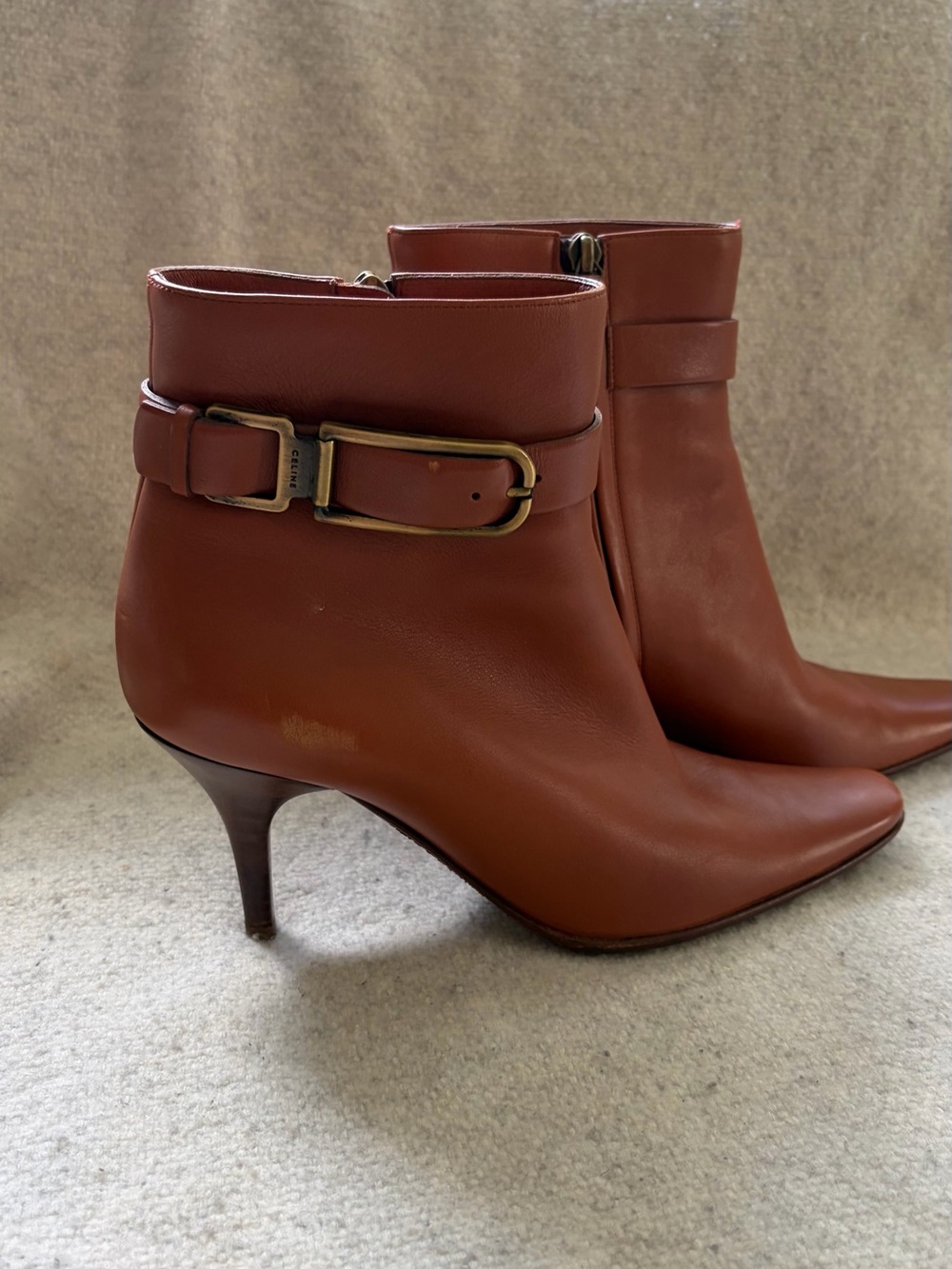 Celine Cognac Leather Pointed Ankle Booties with Buckle